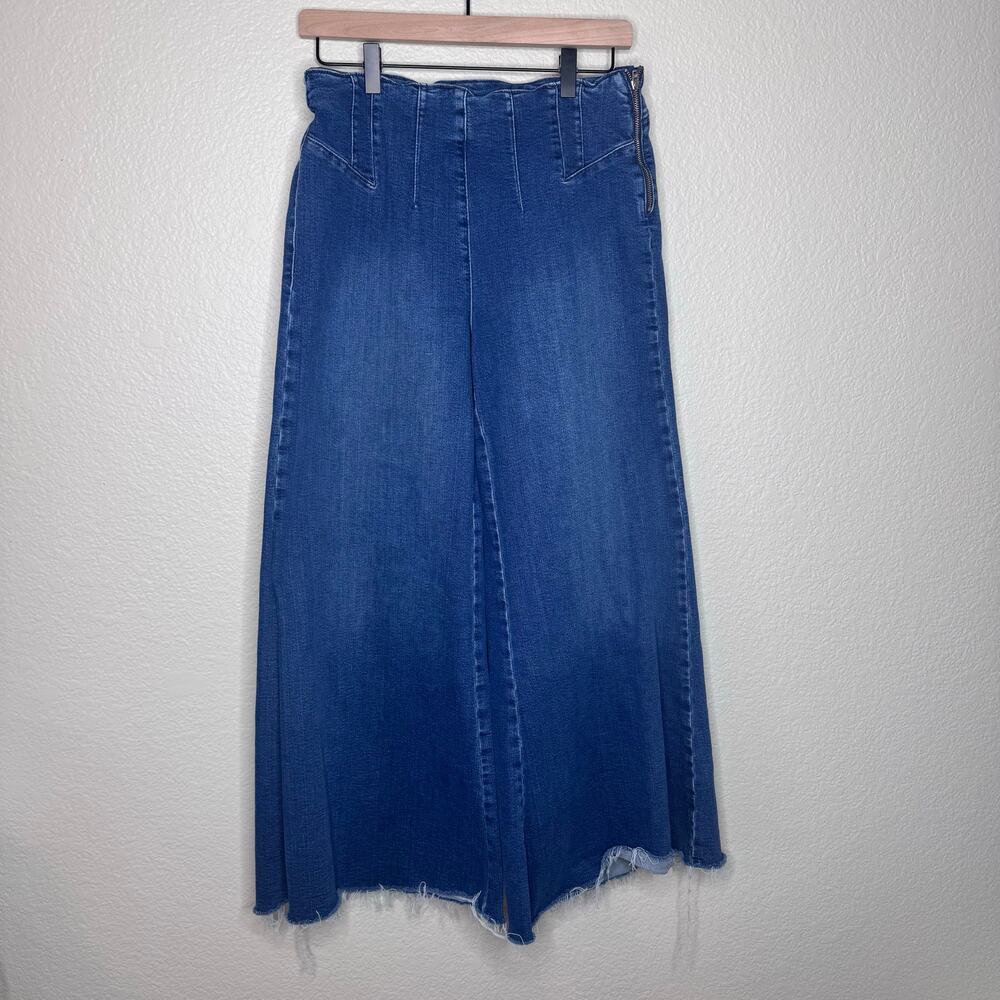 Pilcro Wide-Leg Flare Jeans in Medium Blue Denim